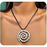Quivox Spiral Pendant Leather Necklace for Women,Boho Silver Chunky Swirl Pendant Black Rope Necklace,Minimalist Statement Necklace Western Jewelry Gifts