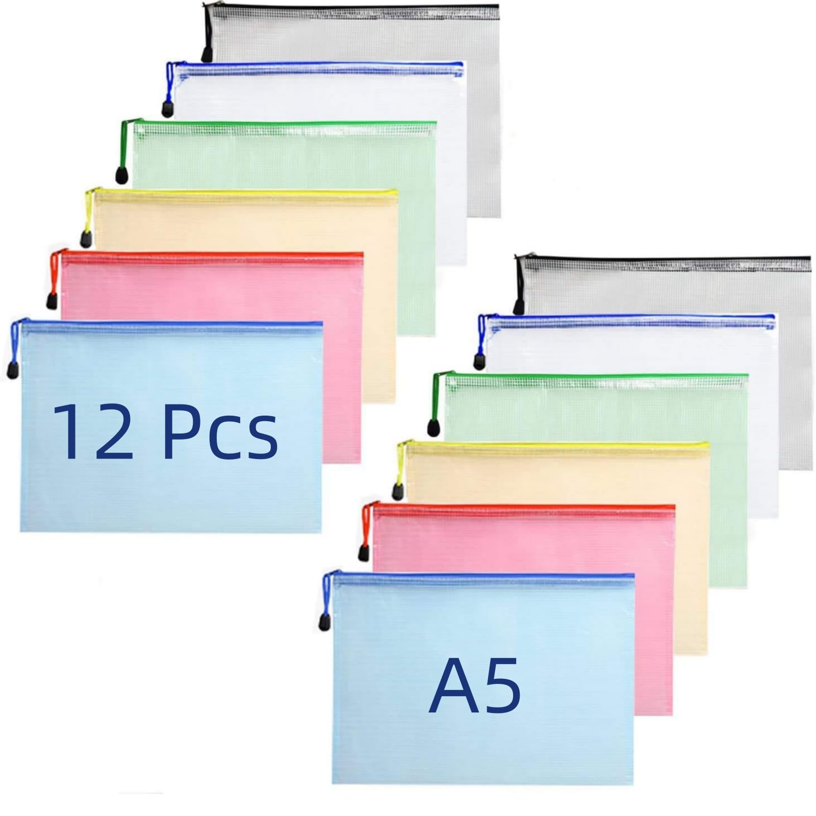 GoodtoU A5 Zip File Bag Mesh Document Plastic Wallet Folders Zipper Plastic Pockets (Pack of 12)