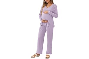 FMEYOA Women's Maternity Pajamas Sets 2 Piece Ribbed Outfits Long Sleeve V Neck Pullover and Long Pant Pregnancy Loungewear