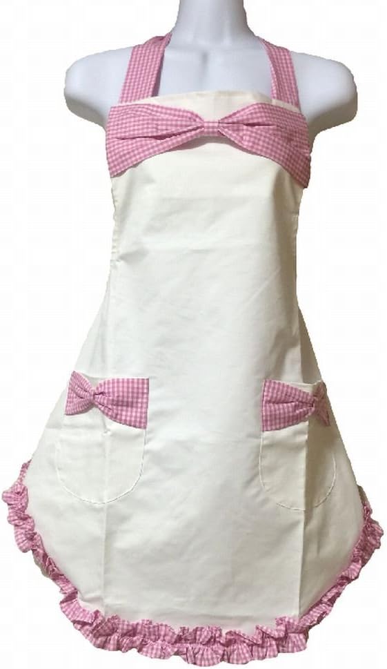 Onimote! [Ribbon ruffle apron halter White Pink check ladies princess] fashionable newlywed help ceremonial housework cuisine cooking hairdresser barber nursery apron dress cafe apron maid princess linen uniforms kitchen gardening gingham check [HAPPINESS