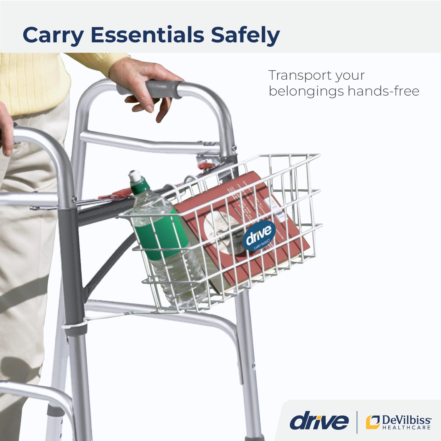 Drive Medical 10200B Walker Basket, Basket for Folding Walker with Cup Holder, White
