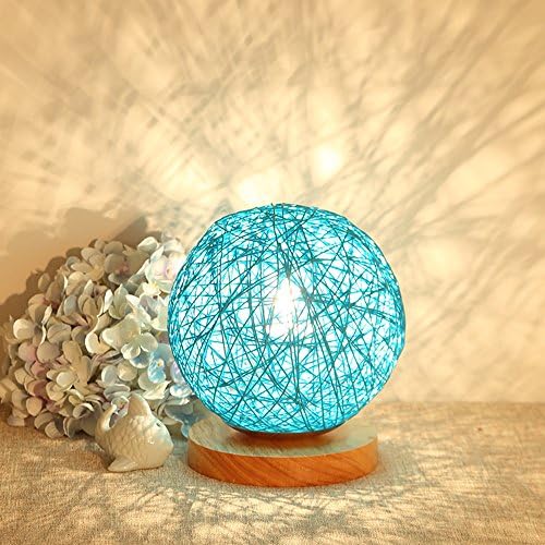 BOKT Minimalist Solid Wood Table Lamp Bedside Desk Lamp Colourful Home Decor Rattan Ball Round Lampshade (Blue)