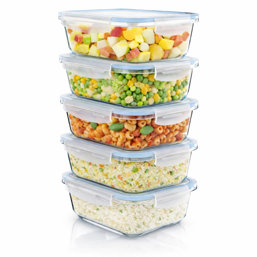 Arendo - Glas Lunchboxen Frischhaltedosen für Lebensmittel mit Deckel luftdicht - 5er Set - 1050 ml - für Mikrowelle Ofen Gefrierschrank - Spülmaschinen geeignet - Vorratsdosen Meal Prep Boxen Set