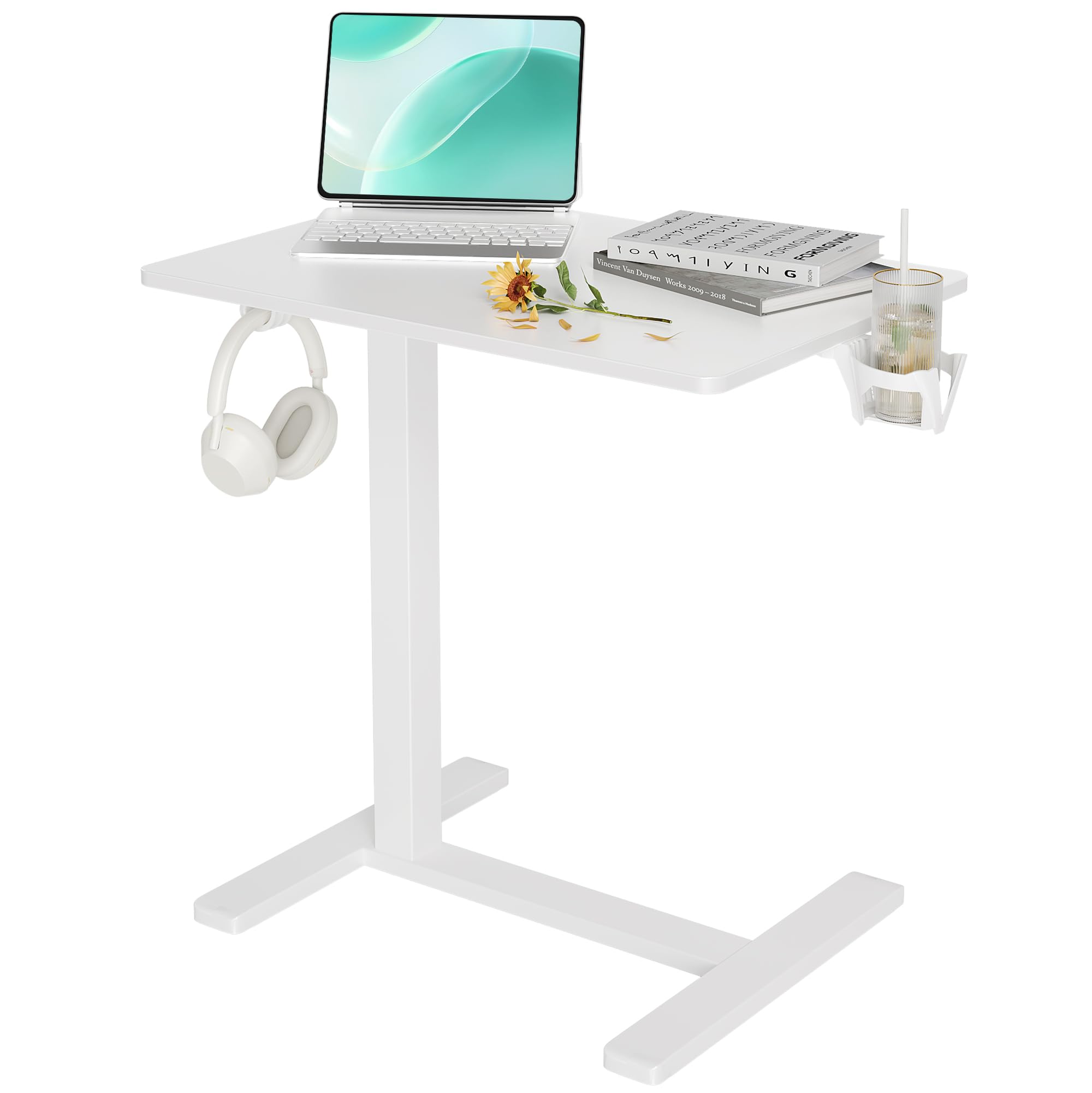 Photo 1 of Claiks Mobile Overbed Table with Wheels - 25.5" Adjustable Height Standing Desk for Hospital & Home Use, 22lbs Capacity, Ergonomic Rolling Laptop Cart, White