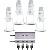 Movo USB Podcast Equipment Bundle for 4 – USB Interface with 4 UM700 Condenser Microphones – 4-Port Powered Hub for Streaming, Podcasting, Interviews (White)