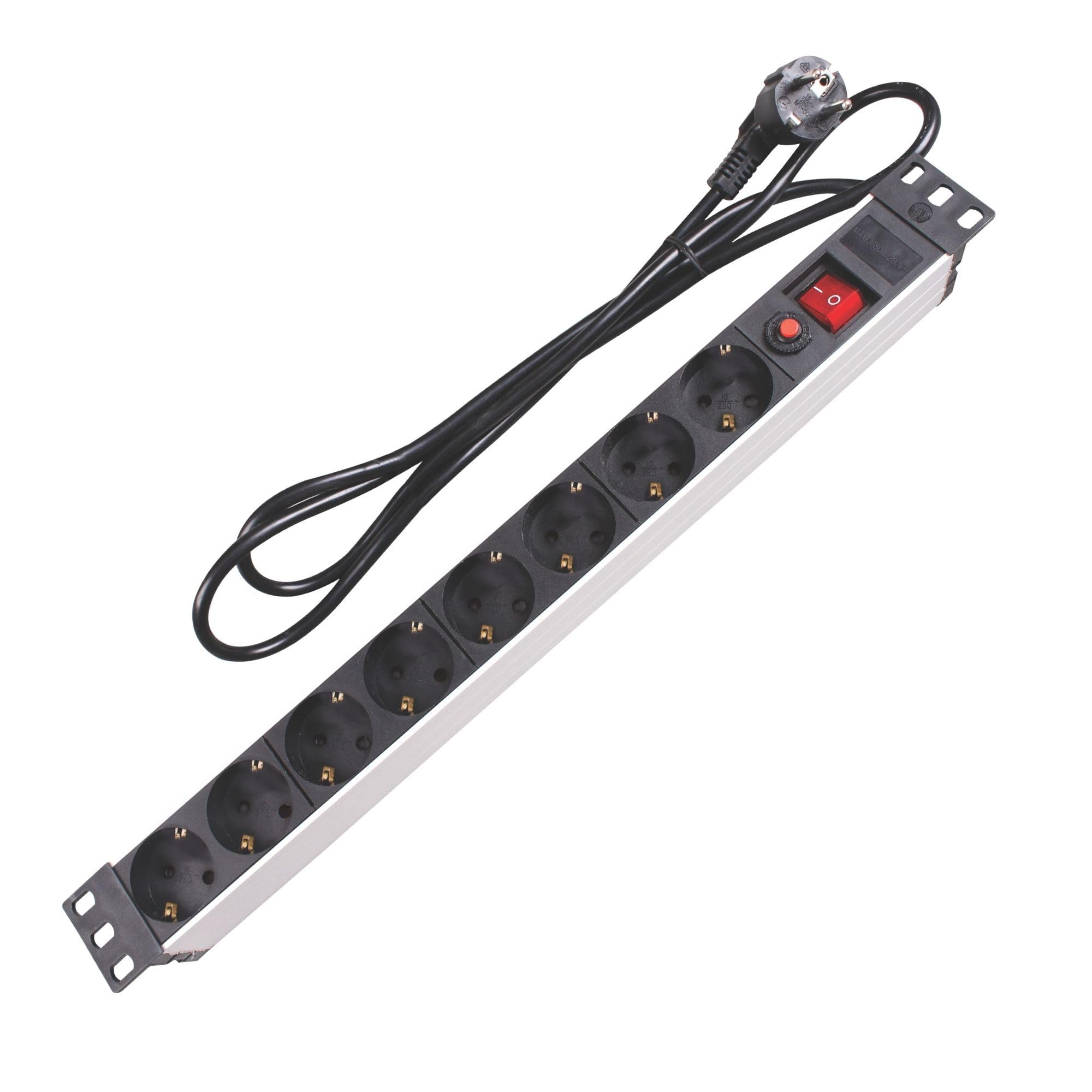 Perel PDU-Steckdosenleiste mit 8 Schuko-Steckdosen Typ F, Schalter und Überspannungsschutz, 2,15 m H05VV-F 3G1.5-Kabel, 3680 W Stromverteiler für 19-Zoll-Rack, Serverschrank und Büro
