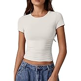QINSEN Short Sleeve Shirts for Women Round Neck Basic Double Lined Tees Fitted Y2k Crop Tops