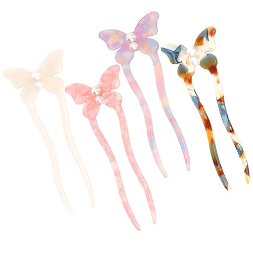 Padorul 4Pcs Butterfly French Hair Pins, U-Shaped Acetate Hair Forks with Pearl Decor for Updos, Buns & Elegant Hair Sticks, No Pull Hair Clips for Women