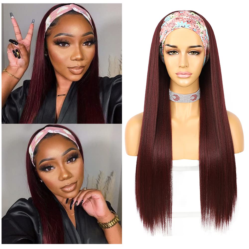 Sapphirewigs Straight Headband Wigs for Women Burgundy Synthetic Glueless Light Yaki Headband Wig Heat Resistant 26 inch