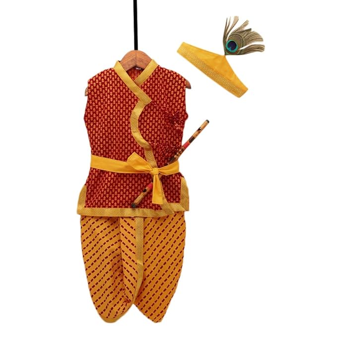 Kid1 By Hopscotch Boys Cotton Anghrakha Sleeveless And Kurta Dhoti Set in Red Color