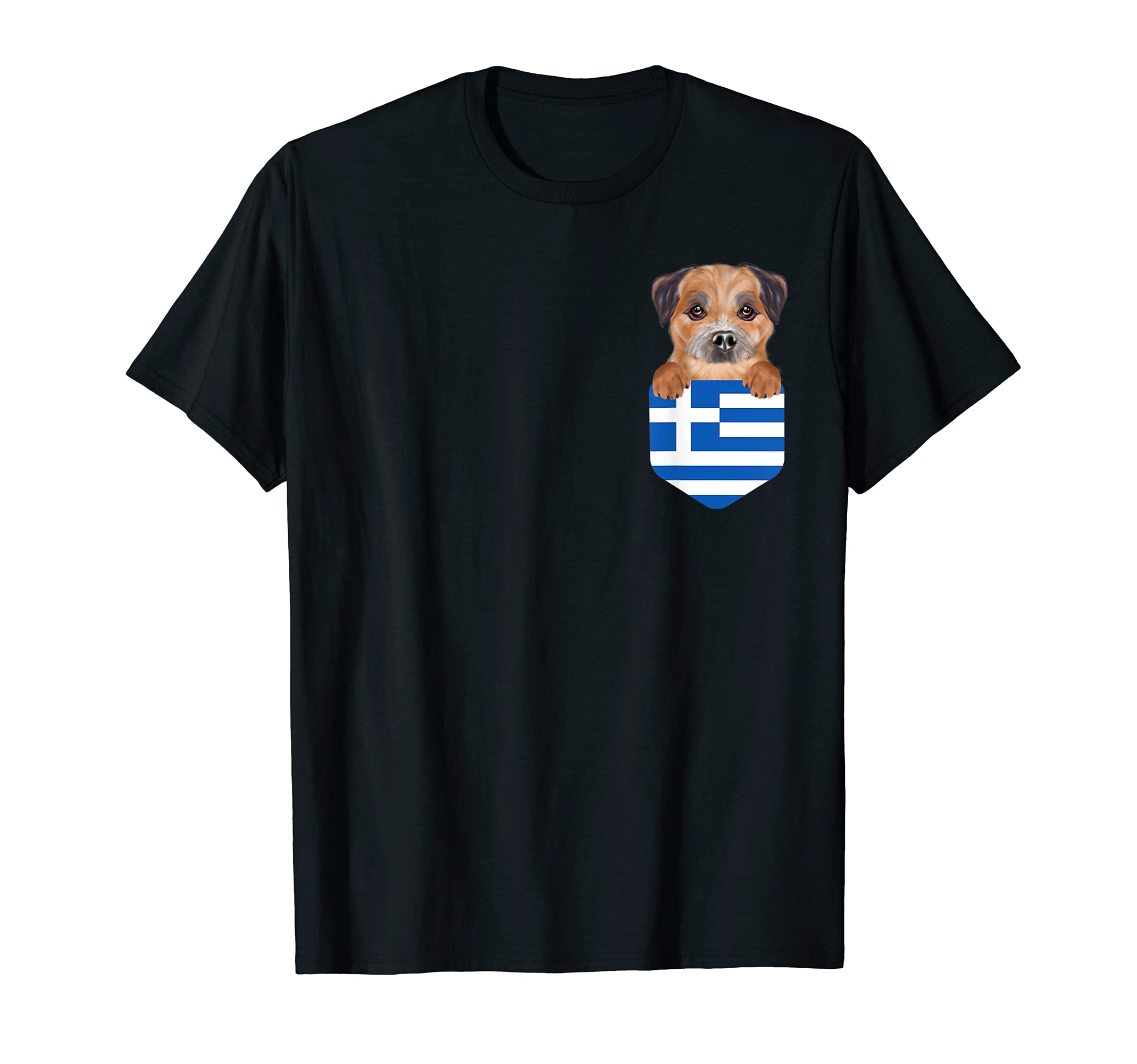 Greece Flag Border Terrier Dog In Pocket T-Shirt