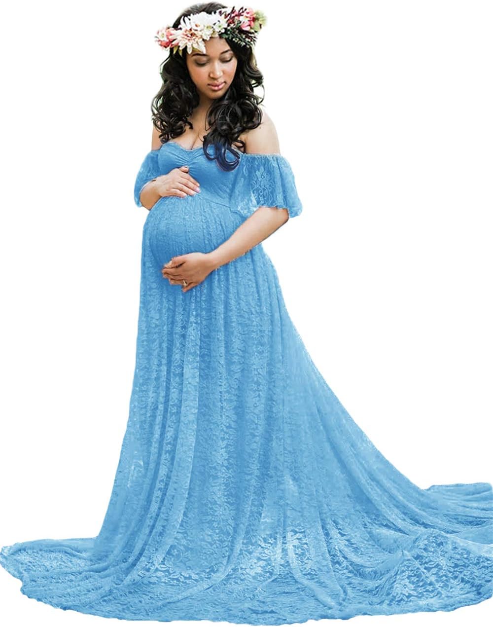 Maternity Off Shoulder Ruffle Sleeve Lace Women's Gown Maxi Photography Dress