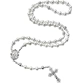 Rnivida Catholic Pearl Beads Rosary for Women, Rosary Necklace with Miraculous Medal & Cross, Religious Rosaries Jewelry Gifts
