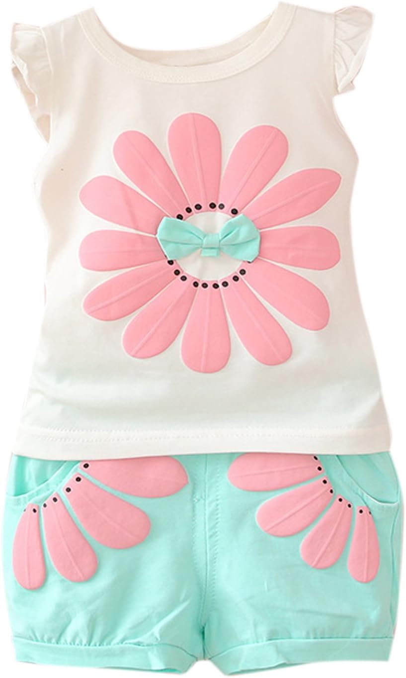 Baby Toddler Girls Cute Flowers Tops T Shirt Tee and Shorts Summer Outfits 2pcs Girls Clothing Sets
