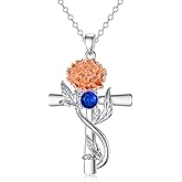 TOUPOP Cross Birthstone Necklace 925 Sterling Silver Birth Flower Necklaces Cross Month Flower Jewelry Birthday Valentines Day Mothers Day Gifts for Her Wife Mom