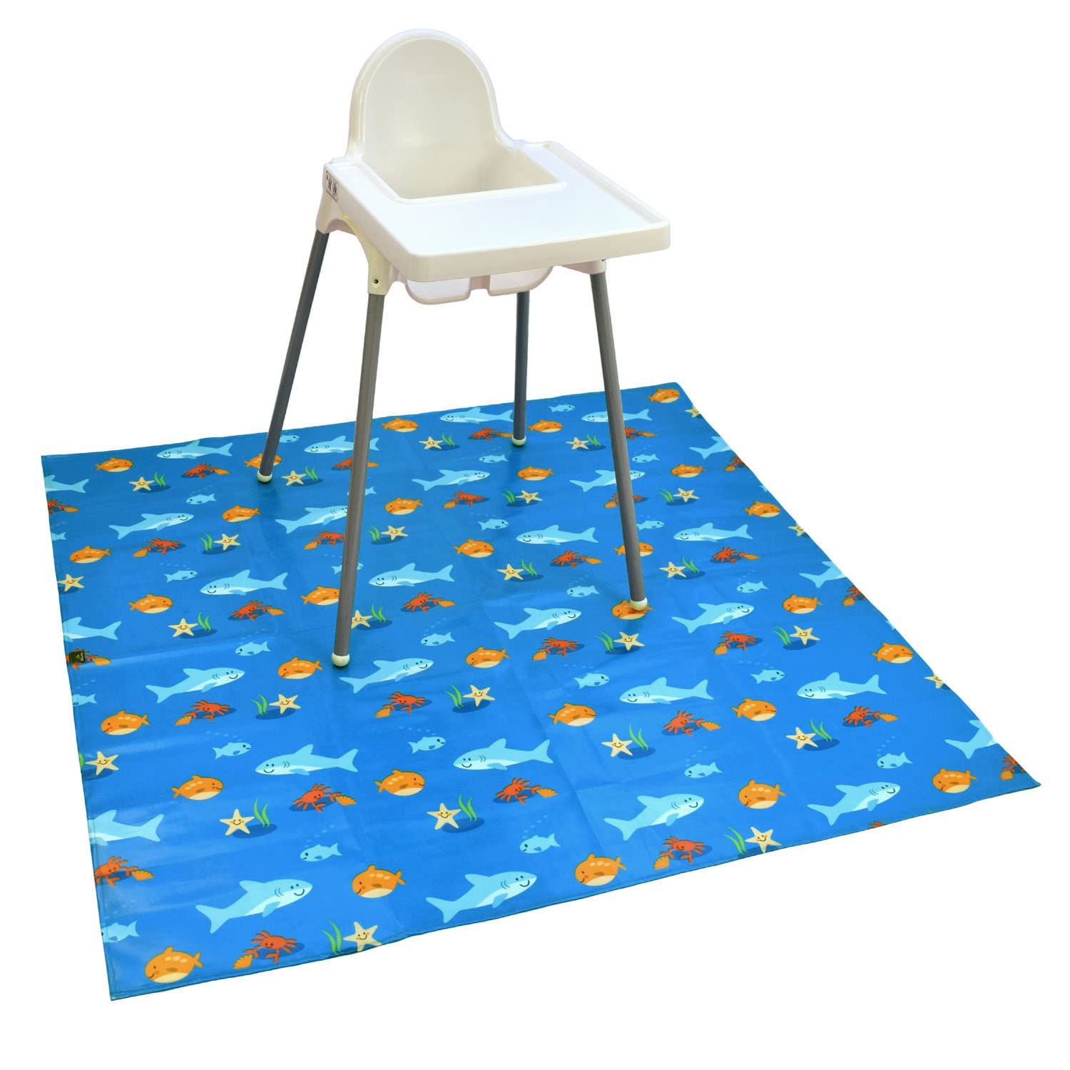 Bibetta XL Food Splash Mat for Under Highchair | 55 * 51 Inch Waterproof, Wipeable, Non-Slip Kids Messy Mat for Under Highchair| Soft Baby Mat for Weaning/Feeding/Playtime/Art/Activity (Blue Sea)