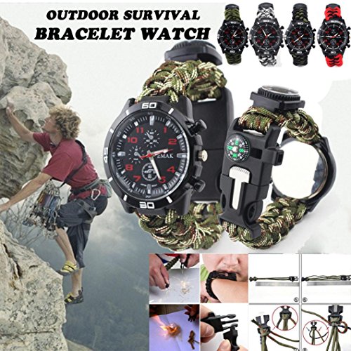 jiayit Umbrella Braided Multi-function Survival Watch Bracelet Compass Fire Starter Whistle New (Khaki)