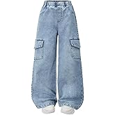Nivne Tco Tween Girls Cargo Jeans, Straight Leg High Elastic Waistband Distressed Denim Pants with Pockets for Girls Trousers