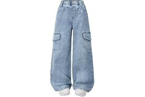 Nivne Tco Tween Girls Cargo Jeans, Straight Leg High Elastic Waistband Distressed Denim Pants with Pockets for Girls Trousers