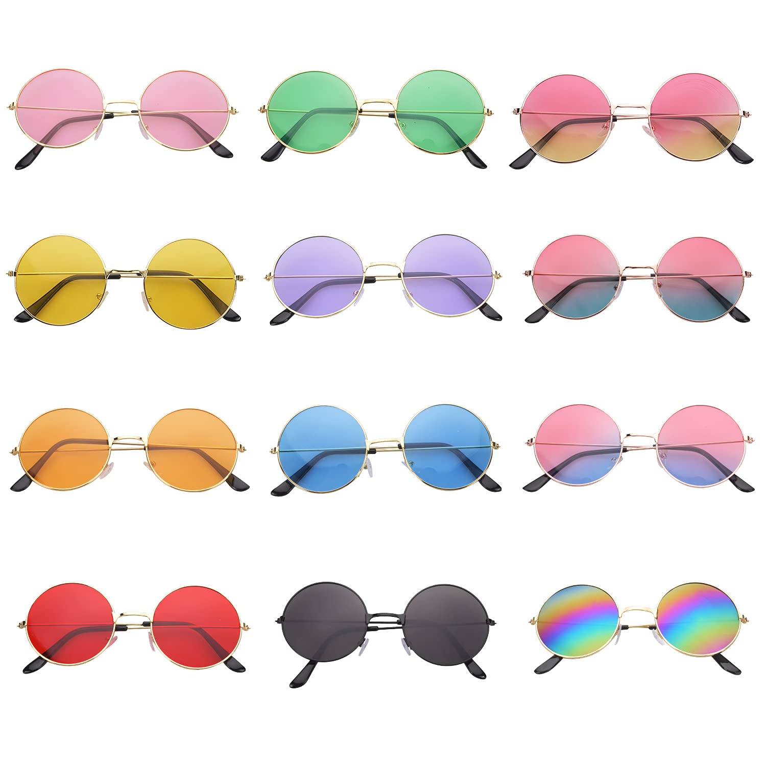 Jomnvo 12 Pieces Round Hippie Sunglasses 60's Style Retro Circle Colored Glasses for Hippie Fancy Dress Accessory Photo Props