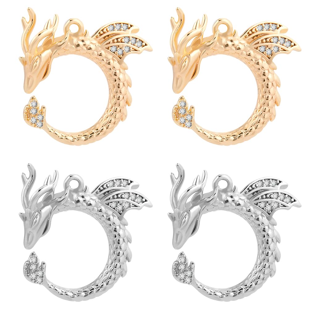Beebeecraft 1 Box 4Pcs Flying Dragon Charm 18K Gold & Platinum Plated Brass Pendant Charms Round Dangle Cubic Zirconia Vintage Dragon Totem Charms for Jewelry Making Necklace Bracelet Supplies DIY