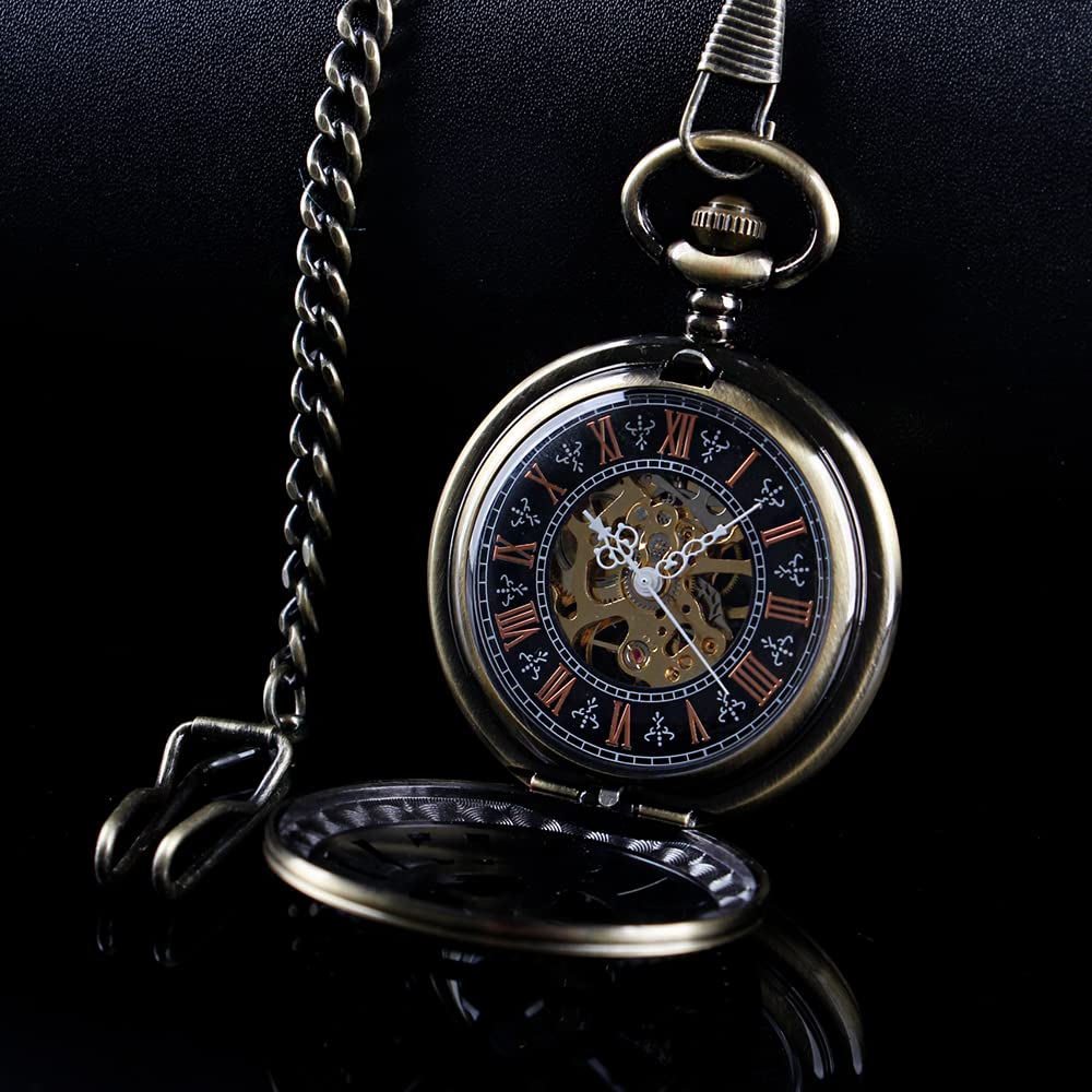 Men's Mechanical Holoow Design Hand Wind Pocket Watch Roman Numerals Steampunk with Chain Box