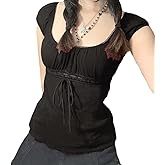 Women's Y2k Fairy Grunge Shirts See Through Square Neck Lace Tops Vintage Goth Aesthetic Shirt Coquette Clothes