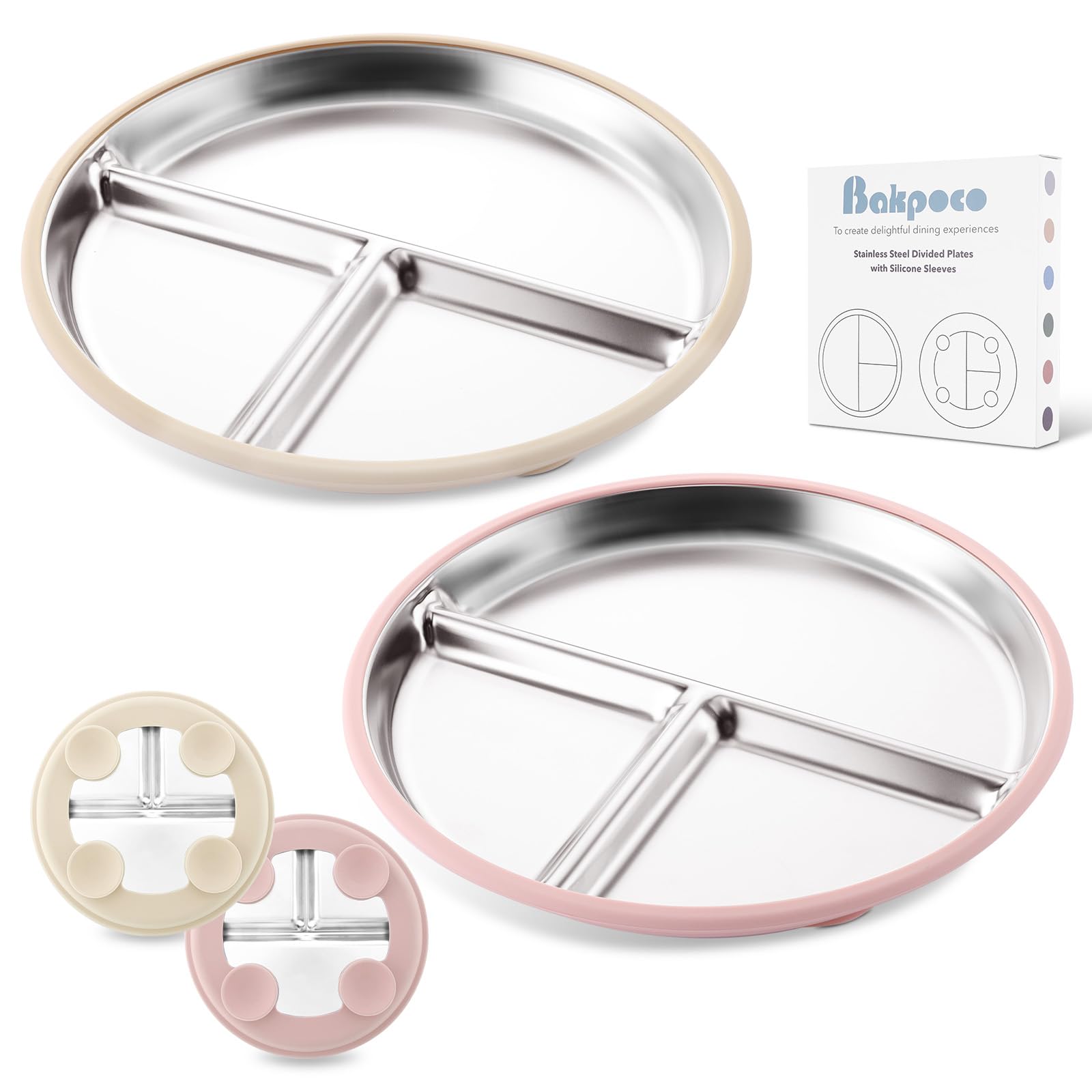 Photo 1 of Bakpoco Stainless Steel Baby Plate with Suction, 9” Divided Toddler Plates with Removable Silicone Sleeves for Kids, Non-Toxic Non-Slip Unbreakable Dishwasher Safe Dinnerware Set of 2, Pink & Beige
