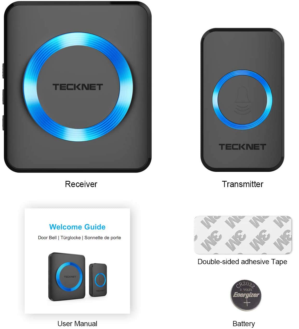 TECKNET Funkklingel, IP65 Funk klingel Set Aussen Wasserdicht, Kabellose Türklingel 400m Reichweite, Haustür Klingel kit mit 1 Plug-In-Empfänger und 1 Sender, 60 Melodien doorbell Mit LED-Blitz 8