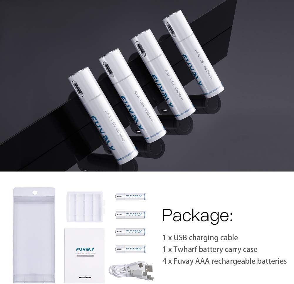 USB Rechargeable Lithium AAA Batteries Triple A Li-ion Battery with Micro USB Charging Cable 1.5V 450mAh 1h Quick-Charge FUVALY (4pack): Home Audio & Theater