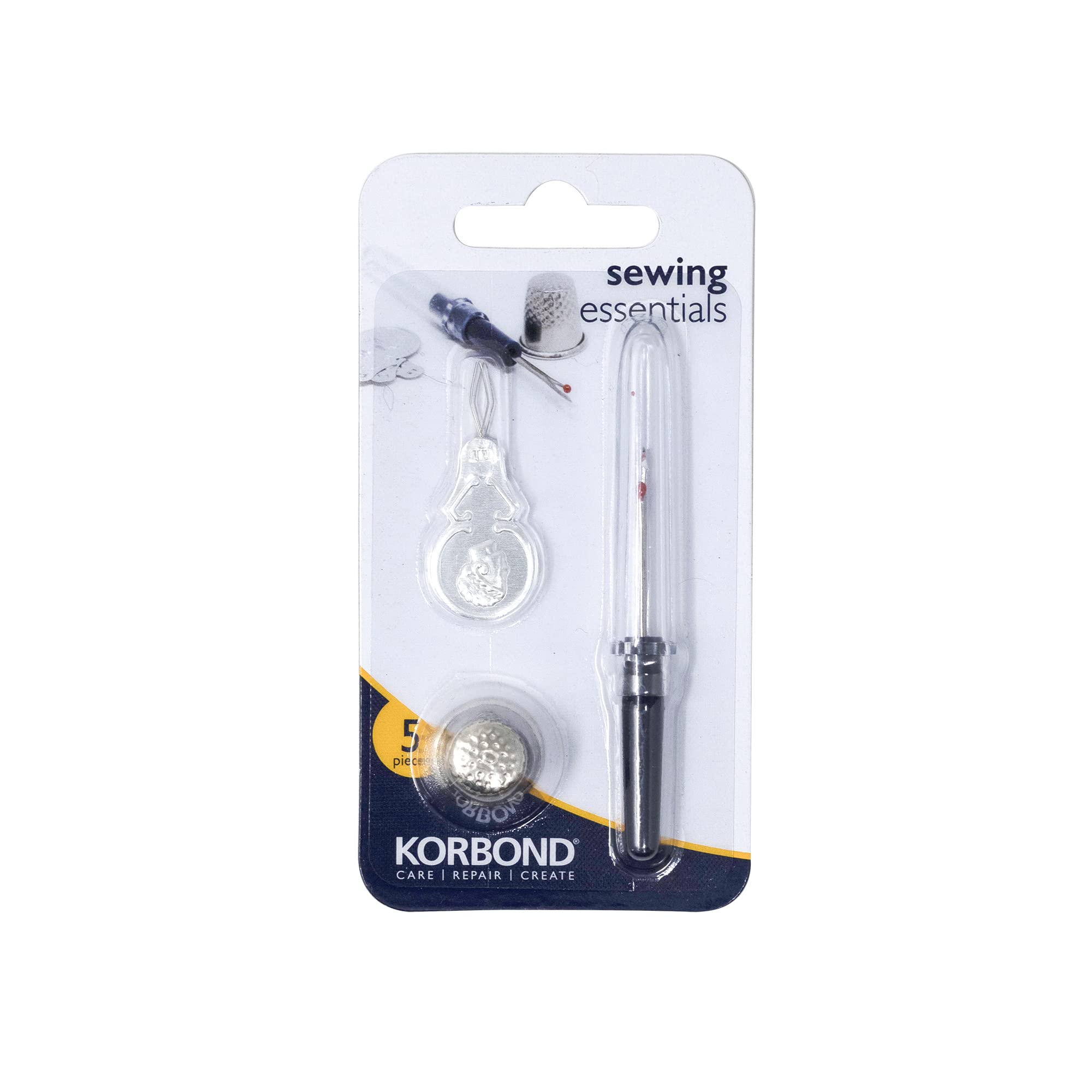 KORBOND 4 Piece Set – Stitch Ripper, Thimble (Size 10) & 3 x Needle Threaders – Sewing Essentials for Dressmaking, Tailoring, Crafts, Hand Sewing, Thick Fabrics, Quilting, Embroidery,108092,Silver