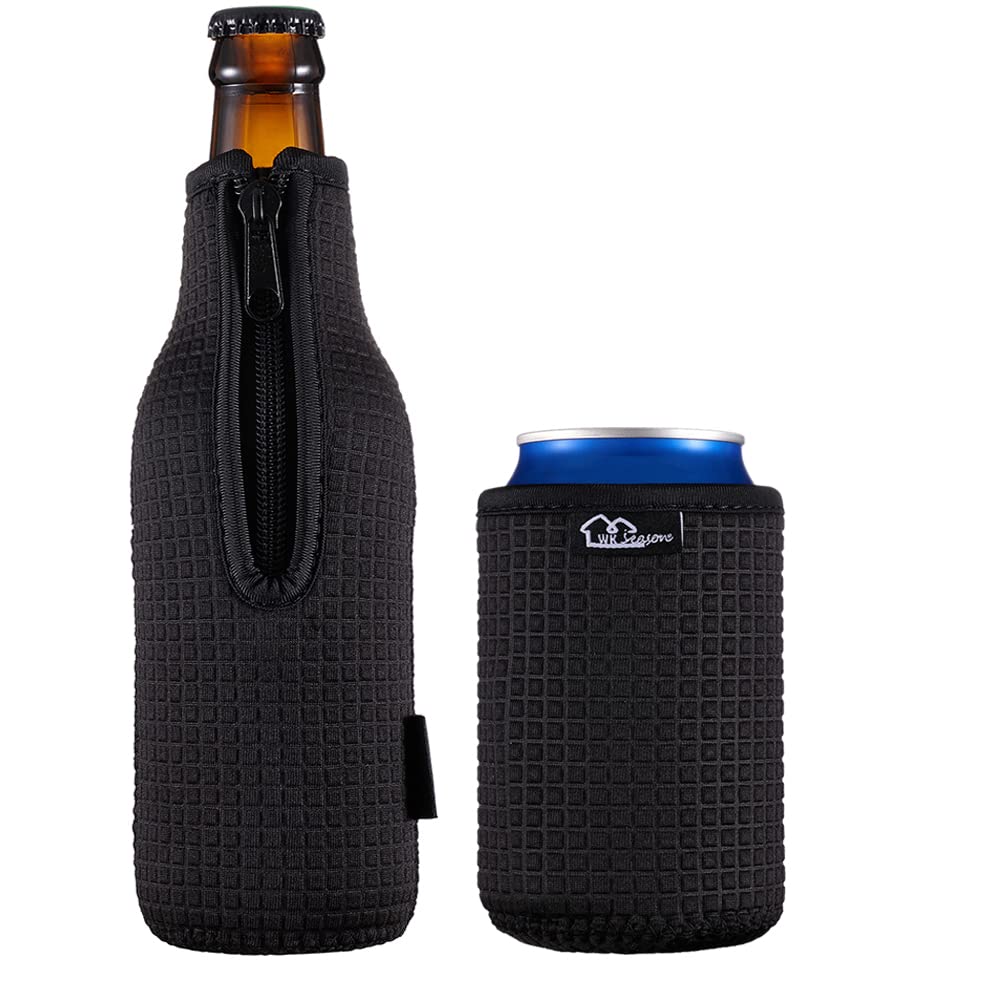 WK IEASON Beer Bottle Sleeve Insulators 12oz 330ml Standard Beer Bottle Cooler Covers Zip-up Bottle Jacket 12OZ Standard Can Sleeves Coolie Neoprene Insulator Coolers Coozies for Cans (Black)