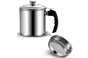 Ralleyfun Bacon Grease Container With Removable Strainer Snug Lid Coaster Tray Stainless Steel Oil Container with Handle for frying oil bacon drippings Cooking Grease 1.3L(46 fl. oz.) (Style B)