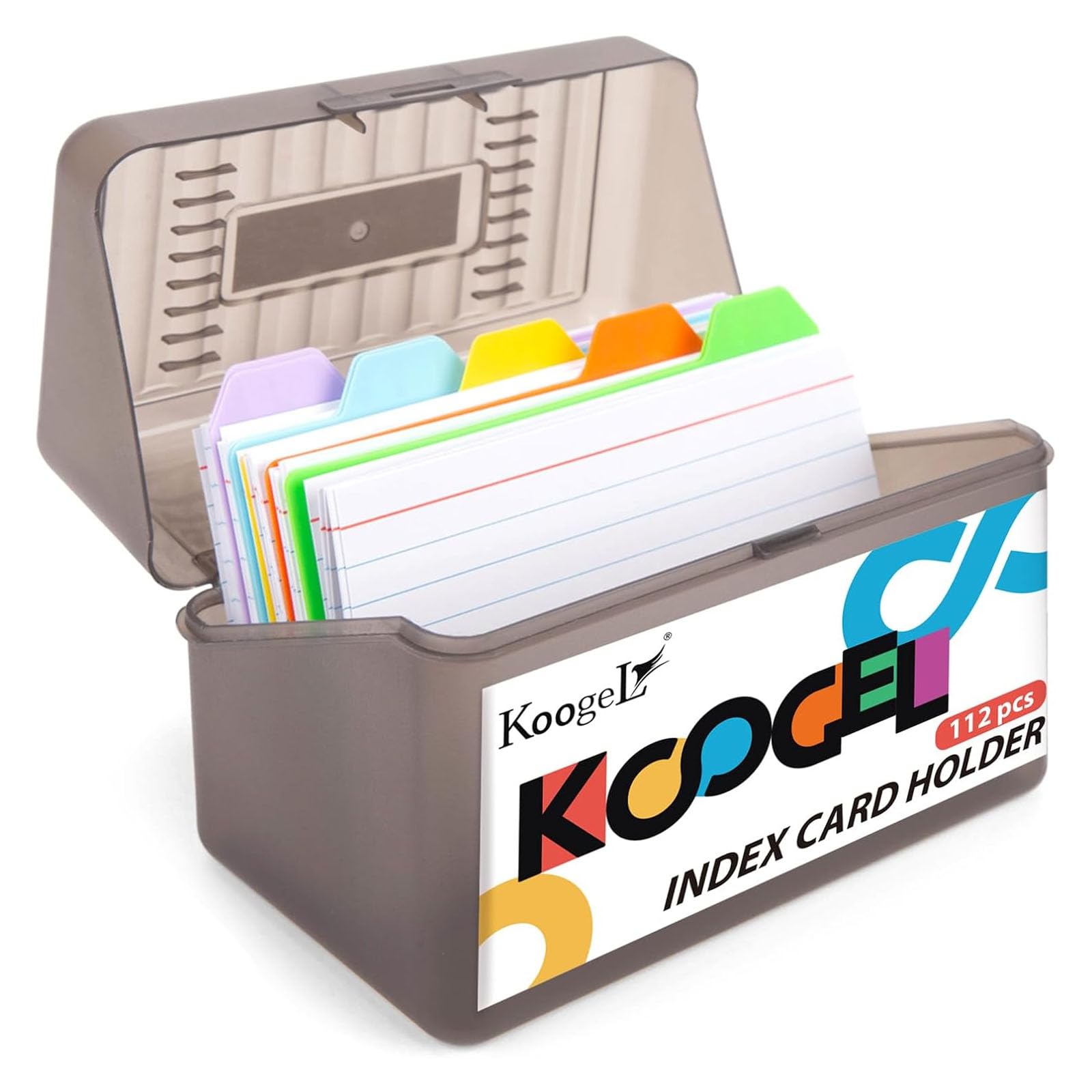 Koogel 3"x5" (8x13cm) Flashcards Revision Index Card Storage Box, Organiser Case with 10 Plastic Dividers and 100 Ruled Index Cards for Office School Study