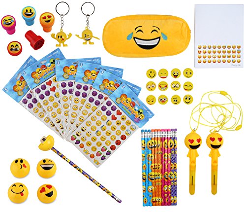 Rhode Island Novelty Emoji Back to School Supplies Set, Assorted Pencil Case, Pen, Pencils, Sharpener, Eraser, Stampers, Stickers, Key Chain, Plus Free Gifts