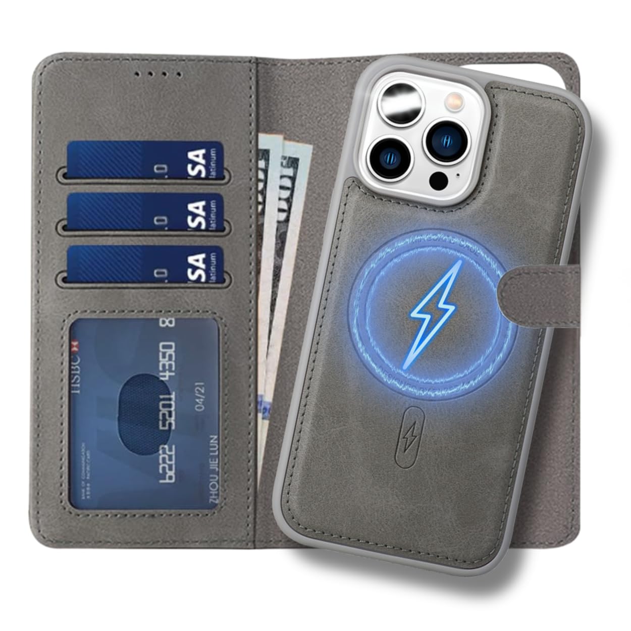 TYPEDX For iPhone 16 Pro Max Wallet Case, 2-in-1 Detachable, Shockproof Protective PU Leather Flip Book Cover, Card Slots Kickstand Magnetic Closure Compatible with MagSafe Wireless Charging(Titanium)