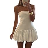 Women Strapless Mini Dress Tube Top Bubble Skirt Off Shoulder Corset Top Balloon Short Dress Club Party