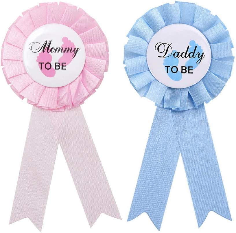 nuoshen 2 Pieces Baby Gender Reveal Pins,Daddy and Mommy to Be Tinplate Badge Pin Gifts for Baby Shower Party(Pink and Blue)