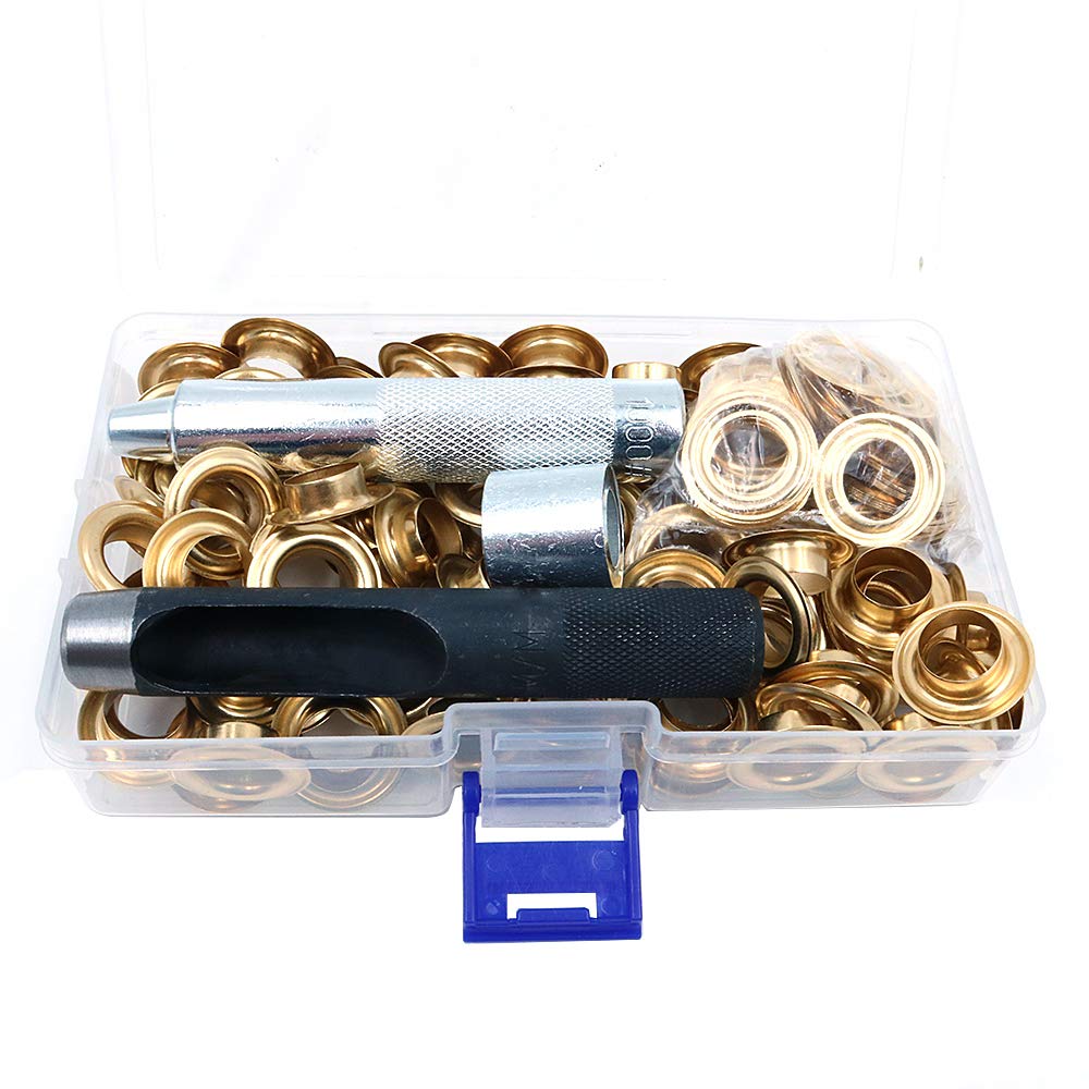 Shiwaki 100 Pcs Golden Grommet Tool Kit, Grommet Setting Tool and 100 Sets Grommets Eyelets with Storage Box (12mm Inside Diameter)