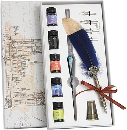 Amazon Hbhjin ディップペン ガラスペン 羽根ペン セット フェザーディップペン レトロ 万年筆 書道 署名ペン ヴィンテージ 漫画用ペン インク ペン先 描画 画材 キットツール 誕生日 ギフト プレゼント 贈り物 ギフトボックス付き ネイビー 万年筆 文房具