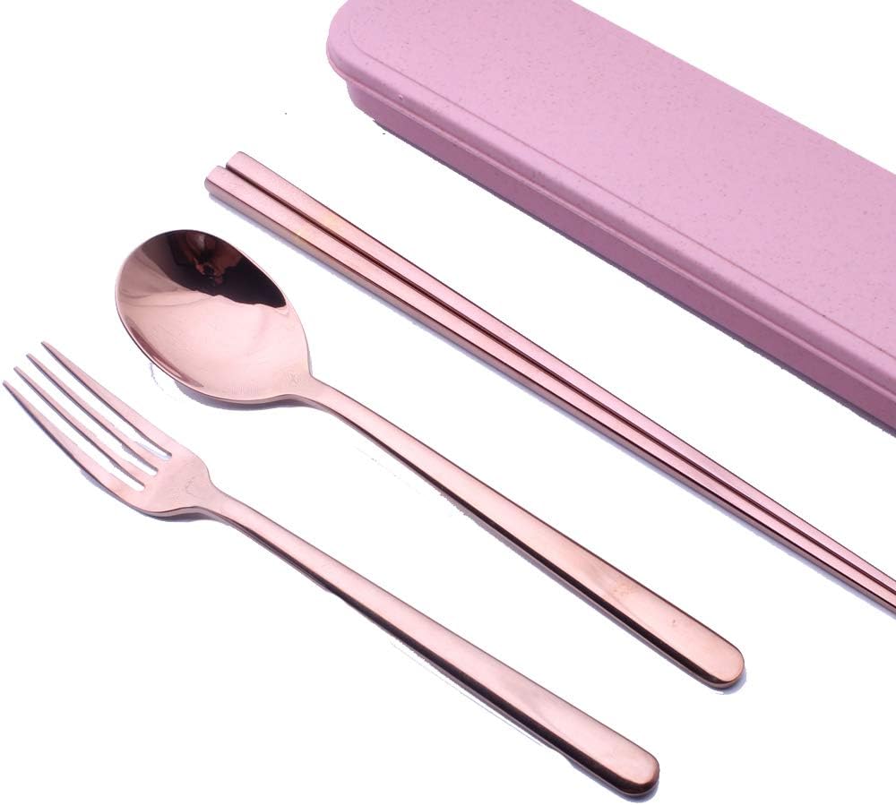 3 Pcs Chopstick Spoons Forks Set Stainless Steel Travel Camping Flatware Set with Portable Case by Enwinner (Rose gold set)