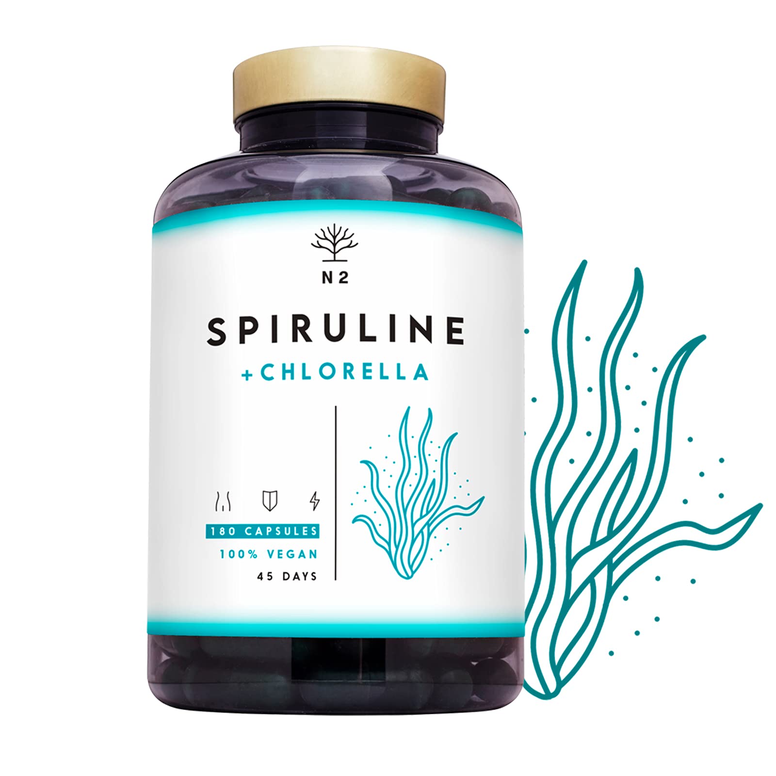 Chlorella Spirulina Tablets 1250mg Powerful Antioxidant,Helps Immune System,Reduces Fatigue.Provides Iron, Eliminates Heavy Metals.180 Vegetable Capsules.1250mg.UK Vegan Certified.N2 Natural Nutrition