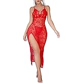 Foxiny Sexy Split Wireless Sheer Floral Lace Maxi Dress With Thong 2 Piece Lingerie Set