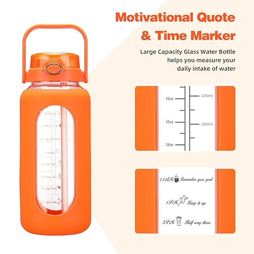 SIEROZUR 52oz Glass Water Bottle with Straw and Handle Lid Half Gallon  Motivational Glass Bottle with Silicone