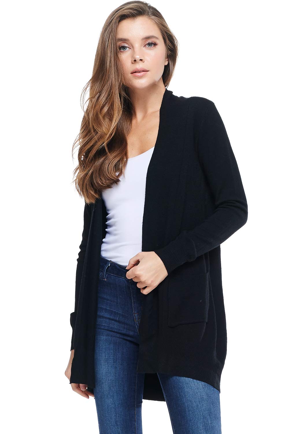 Alexander + David Women's Basic Open Front Long Sleeved Soft Knit Cardigan Sweater Lightweight with Pockets