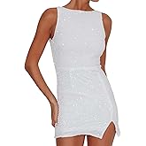 Women's Sequin Split Backless Mini Dress Sparkling Clubwear Night Out Party Bodycon Sleeveless Short Dress,White M