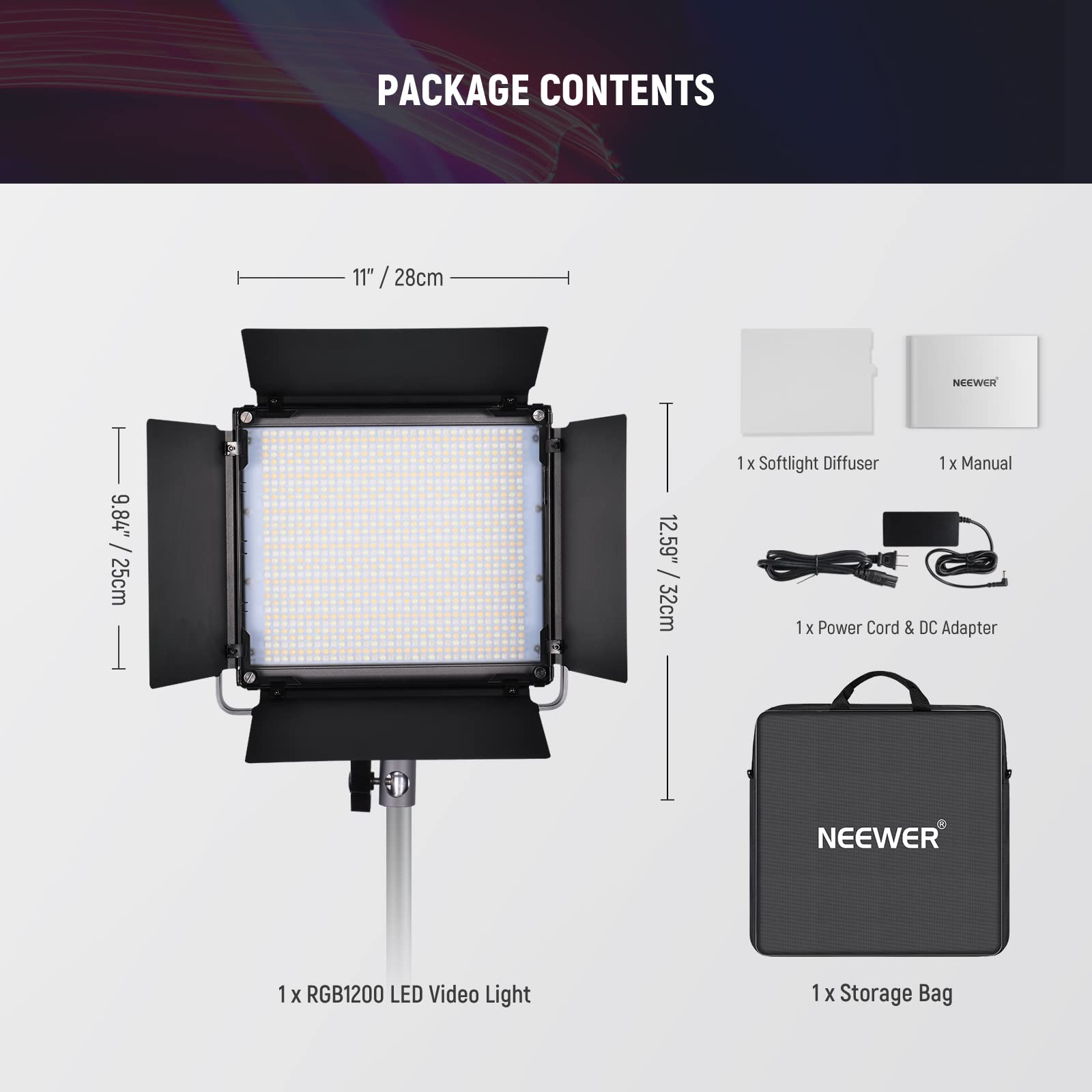 NEEWER RGB1200 RGB LED Video Light Panel with APP/2.4G Control, 60W Studio Photography Lighting 22000Lux@0.5m/1% Precise Min Dimming/360° Full Color/ CRI97+/TLCI98+/2500K-8500K/18 Effect with Barndoor