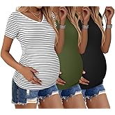 Ekouaer Womens Maternity Shirts 3 Packs V Neck Tops Tunic Pregnancy Clothes Side Ruched Short Sleeve Casual T Shirt S-XXL