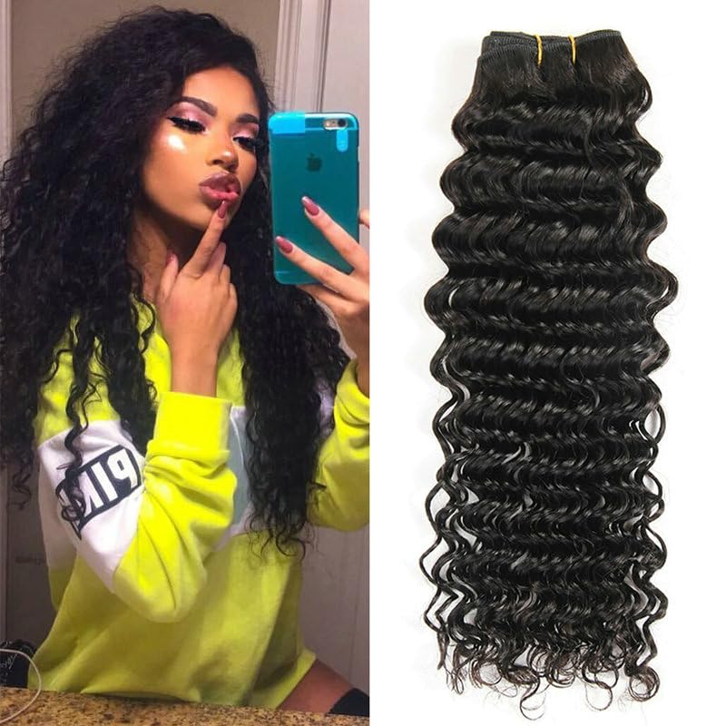 Urshiney Deep Wave Human Hair Bundles for Women Short Brazilian Virgin Hair Curly Weave Bundle Double Weft Tangle-Free & Minimal Shedding Natural Black Can Be Dyed 100g 8 Inch