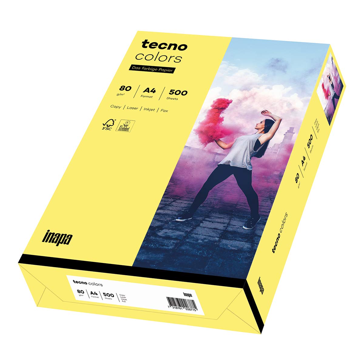 inapa Coloured Printer Paper, Tecno Colours: 80 g/m², A4, 500 Sheets, Medium Yellow — image 1